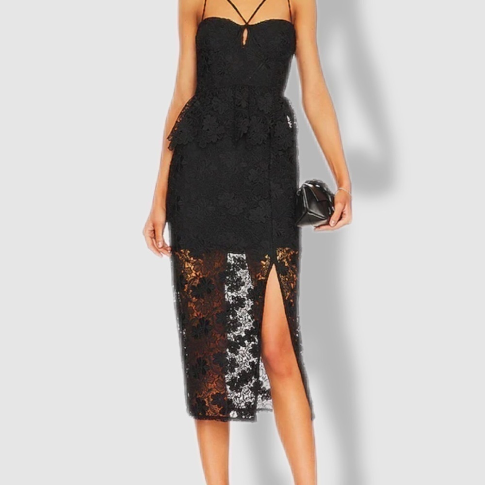 LPA woman’s XL Madonna black lace corset peplum midi dress with spaghetti straps - Picture 2 of 14